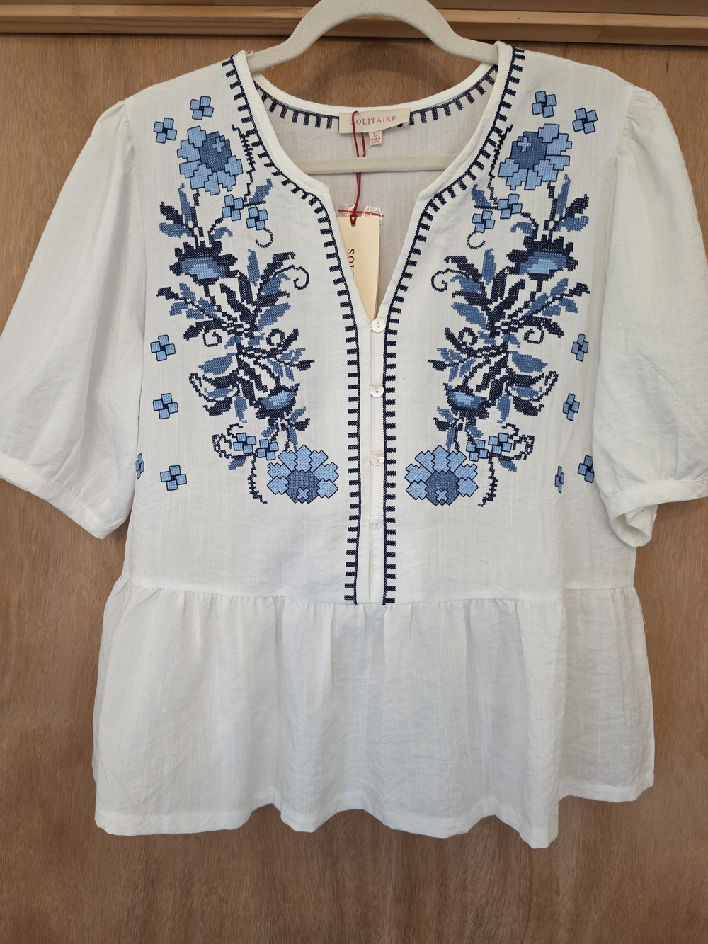 Solitaire White Boho Top with Blue Embroidery